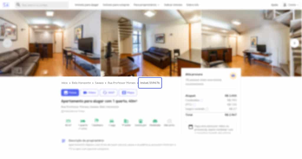 Uma captura de tela desfocada de uma página de anúncio de aluguel de apartamentos mostra fotos do interior, detalhes do anúncio e informações de reserva de um imóvel em Belo Horizonte disponível para aluguel por um ano.