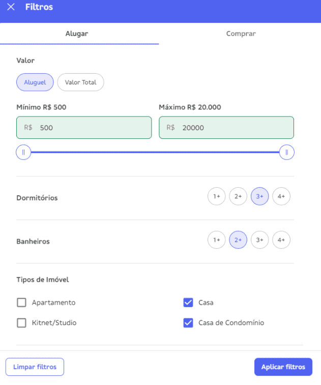 Menu de filtros para imóveis para alugar, permitindo a seleção de faixa de preço, número de quartos e banheiros e tipo de imóvel. Casa e Casa de Condomínio estão marcadas. Botões para limpar ou aplicar filtros.