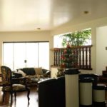 Uma sala de estar aconchegante com poltronas florais, um sofá, uma árvore de Natal decorada, plantas em vasos, grandes janelas que deixam entrar luz natural e escadas de madeira que levam a uma área de estar superior.