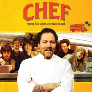 Um chef sorridente de jaleco branco est&aacute; em frente a um food truck, com cinco pessoas alegremente reunidas atr&aacute;s dele. O fundo amarelo exibe o t&iacute;tulo grande CHEF e o slogan "Come&ccedil;ar do zero nunca foi t&atilde;o gostoso".