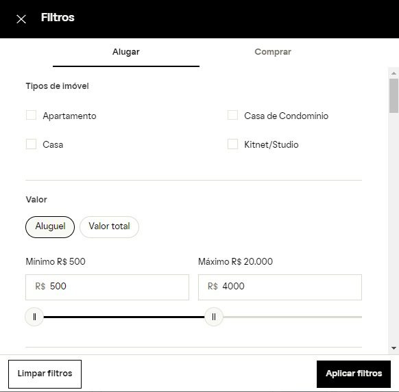 print da página com filtros
