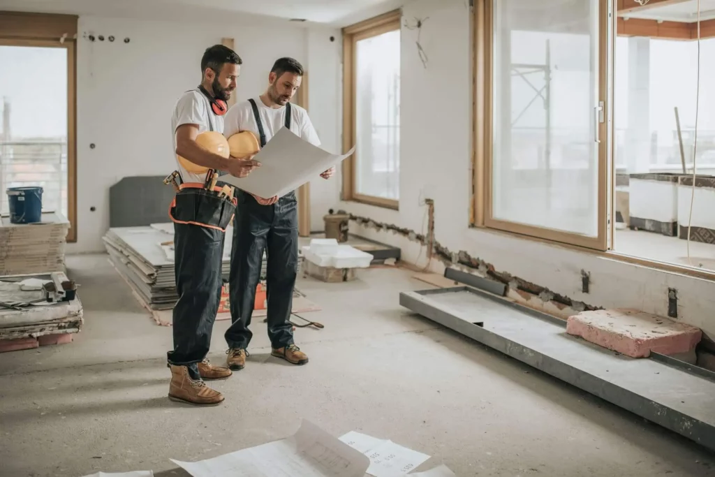 Imagem de dois trabalhadores de construção analisando as plantas de um apartamento em reforma para ilustrar matéria sobre casa averbada