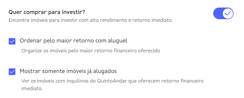 Tela de filtros de uma plataforma imobiliária, mostrando opções selecionadas para buscar imóveis: Ordenar pelo maior retorno com aluguel e Mostrar somente imóveis já alugados, facilitando a busca por oportunidades de investimento.