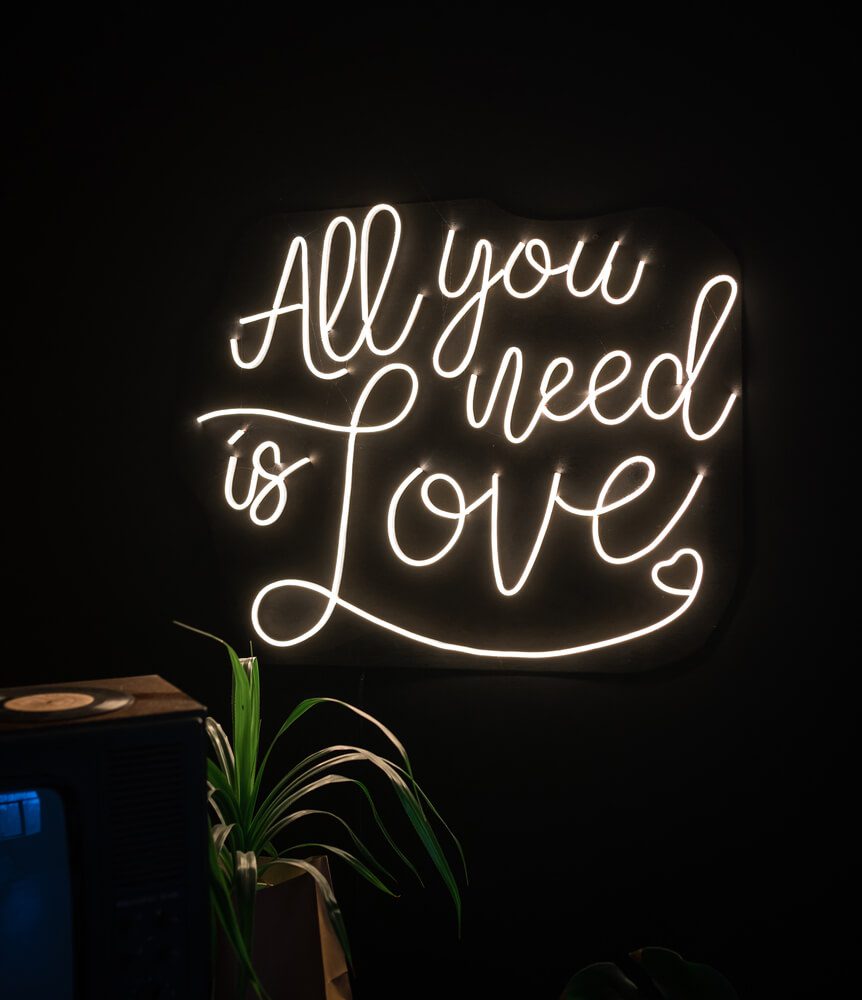 Um letreiro de neon Quarto em uma parede escura diz "All you need is Love" (Tudo o que você precisa é amor), com um coração no final. Uma planta verde e parte de uma televisão são visíveis na parte inferior da imagem.