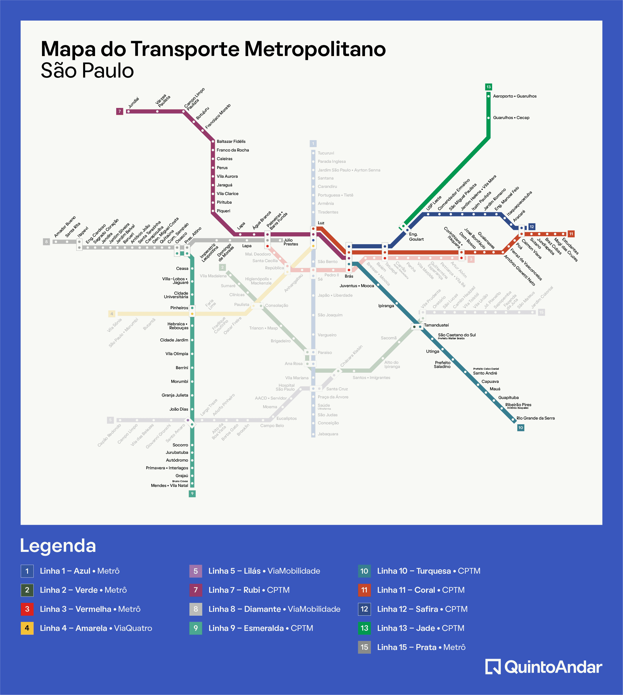 Mapa do metrô e mapa trem SP, destacando linhas coloridas, estações e integrações. No rodapé, veja a legenda de cores para cada linha e o logotipo do QuintoAndar no canto inferior direito.