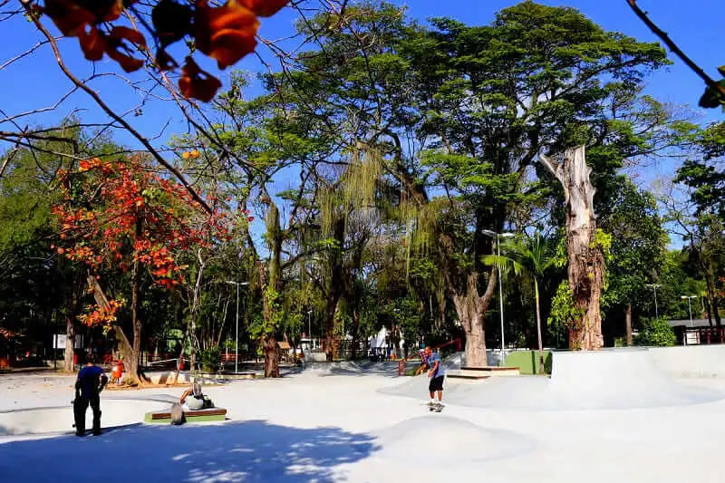 Imagem de um dia ensolarado na área de skatepark do Horto do Fonseca, em Niterói