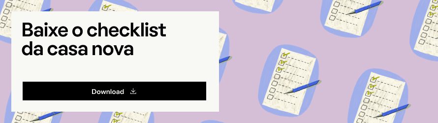 Gráfico com fundo roxo com listas de verificação e canetas repetidas. Uma caixa branca exibe "Baixe o checklist da casa nova" e destaca um botão preto de Download - ideal para quem busca uma lista de casa nova completa.