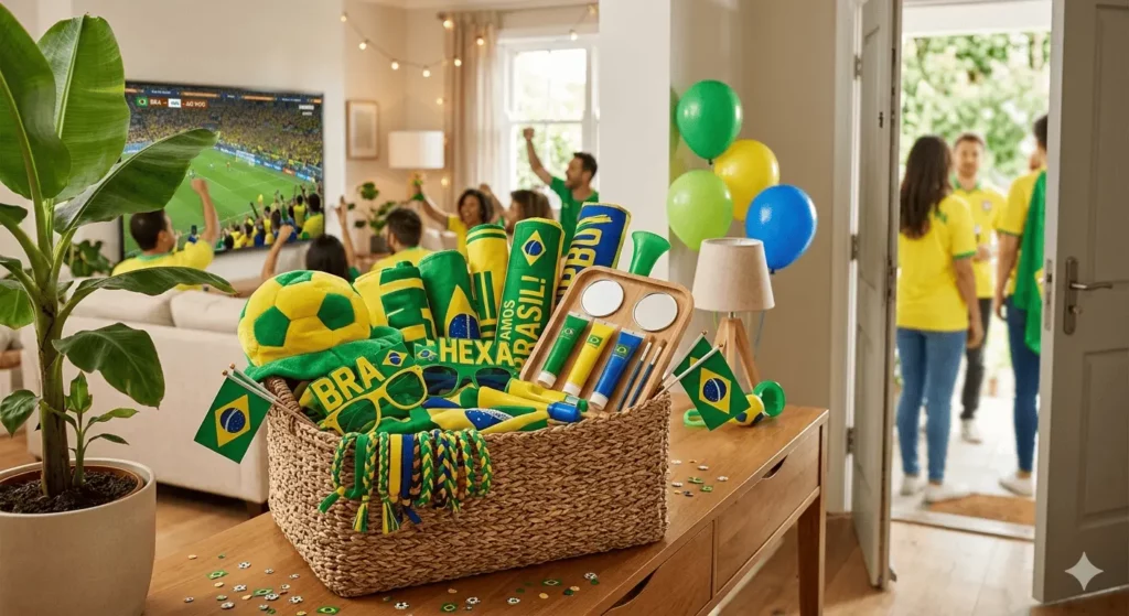 Imagem de uma cesta cheia de itens para torcedores de futebol com tema brasileiro está sobre uma mesa, contribuindo para a decoração para assistir ao jogo do Brasil. Pessoas vestindo camisetas amarelas assistem a uma partida de futebol na TV e se reúnem perto de uma porta aberta, cercadas por bandeiras e balões brasileiros.
