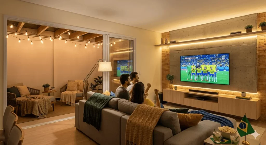 Imagem de três pessoas sentadas em um sofá aconchegante em uma sala de estar com iluminação acolhedora, assistindo a uma partida de futebol na TV. Uma pequena bandeira brasileira e enfeites para assistir ao jogo do Brasil decoram a mesa, enquanto um pátio decorado pode ser visto do lado de fora.