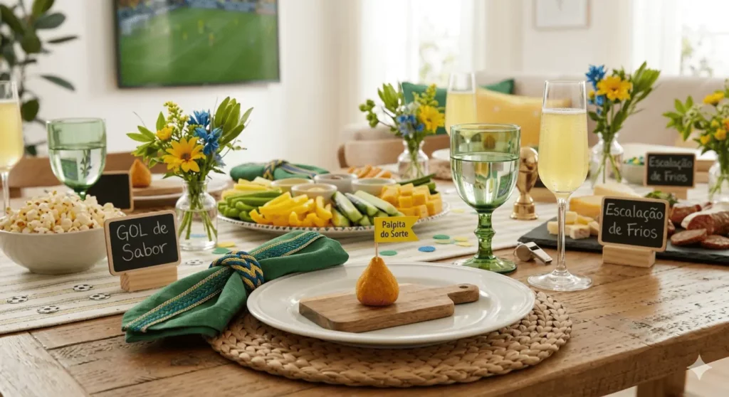 Imagem de uma decoração festiva para assistir ao jogo do Brasil: uma mesa com petiscos, legumes, bebidas e placas de quadro-negro, decorada com flores verdes, amarelas e azuis. Uma TV ao fundo exibe uma partida de futebol.