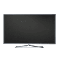 Uma televisão moderna de tela plana com tela preta e um suporte fino prateado, centralizada em um fundo branco, exibe um quiz de natal festivo.