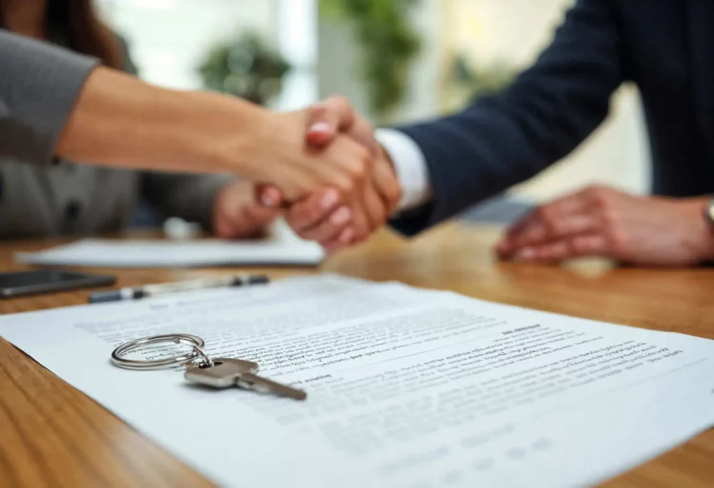 Imagem em formato close-up de um contrato com uma chave na parte superior, enquanto duas pessoas em trajes de negócios apertam as mãos ao fundo