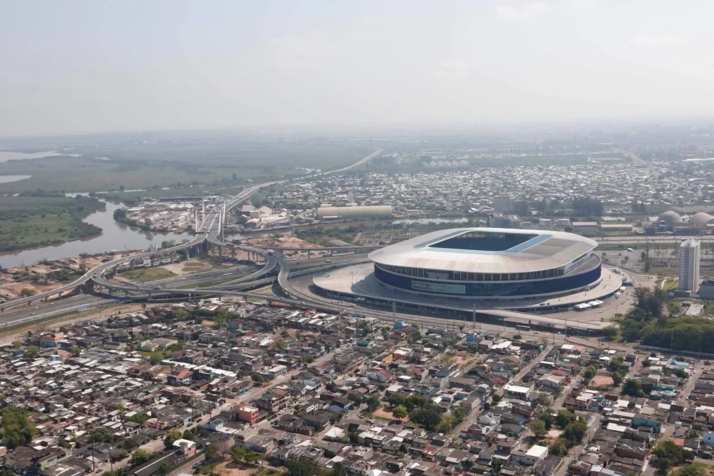 Imagem da vista aérea da Arena do Grêmio, em Porto Alegre