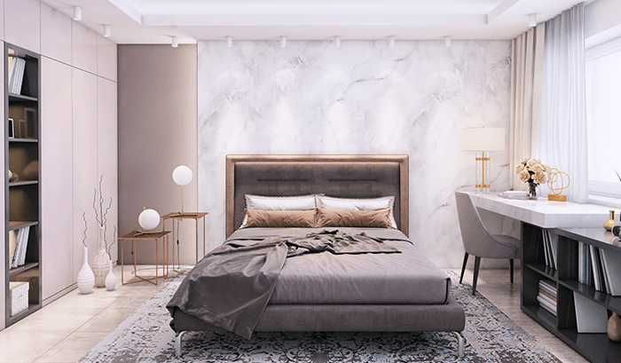 Quarto de casal clean em tons neutros com parede com efeito marmorizado.