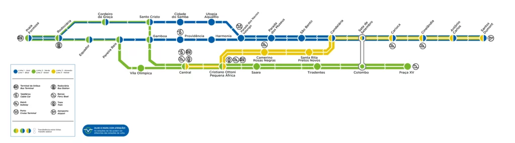 Mapa das linhas do VLT Rio de Janeiro, cada linha está pintada de uma cor. São elas: azul, verde e amarelo.