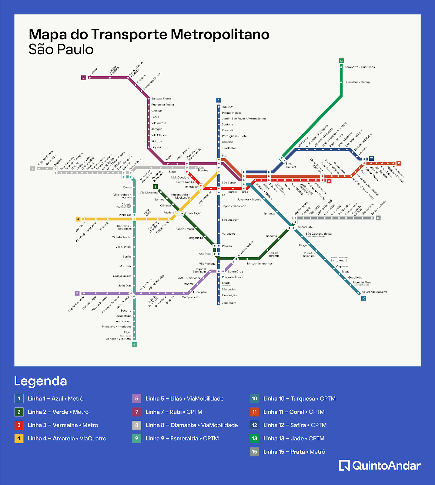 Mapa do transporte metropolitano de São Paulo com linhas de metrô SP e CPTM coloridas, com nomes e números das estações. Uma legenda na parte inferior identifica cada linha por cor e número.