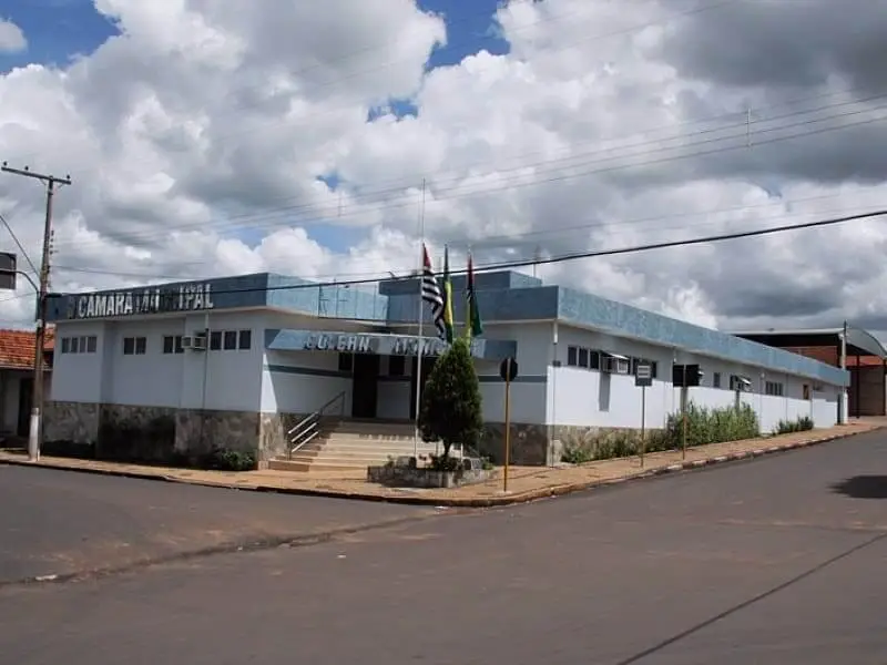 Imagem de um prédio municipal de um andar com acabamento azul, denominado Câmara Municipal, em um terreno de esquina em Cândido Rodrigues, São Paulo. Várias bandeiras estão expostas na frente, e alguns degraus levam à entrada sob um céu nublado