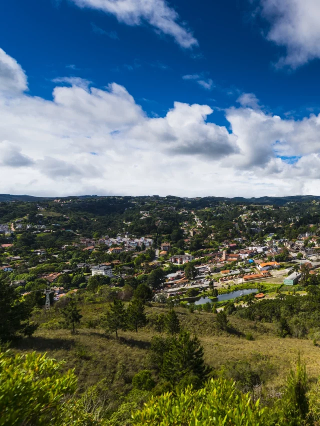 Imagem da vista aérea de uma cidade do interior cercada por vegetação para ilustrar matéria sobre qual a cidade mais tranquila do interior de São Paulo