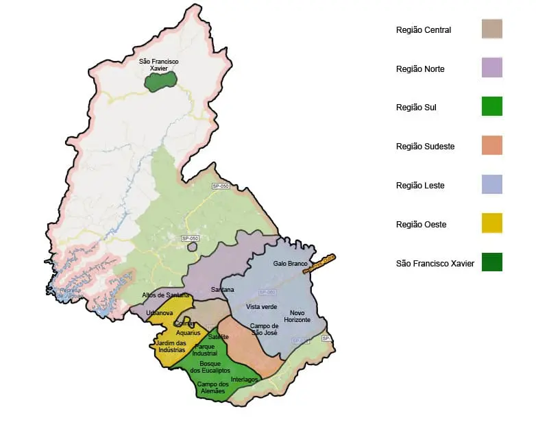 Imagem do mapa da cidade de São José dos Campos com divisão por regiões em design gráfico. Imagem: Prefeitura de São José dos Campos