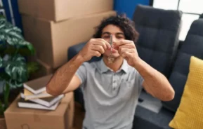 Imagem de um homem sorridente segurando as chaves de um imóvel na altura do rosto dentro de uma sala de estar com um sofá, uma planta e algumas caixas de papelão para ilustrar matéria sobre termo de entrega de chaves