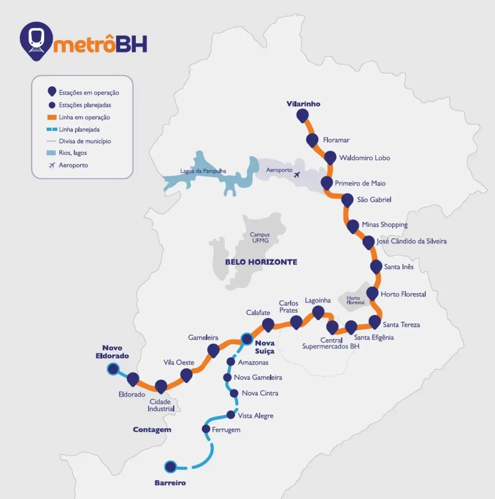 Mapa do sistema de metrô de Belo Horizonte no Brasil, mostrando a rota azul da Linha 1 com estações marcadas de Eldorado e Barreiro, incluindo a Estação Calafate, até Vilarinho, no norte, juntamente com a linha de expansão laranja planejada.
