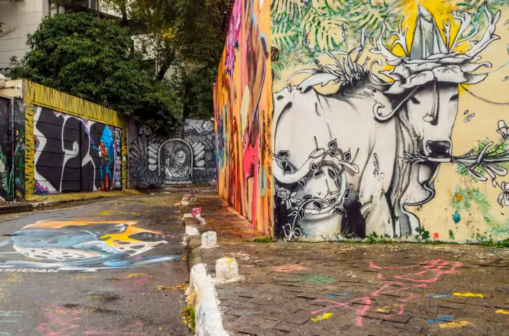 Uma rua estreita repleta de murais de grafite coloridos, incluindo um grande rinoceronte branco e um crânio humano, ganha vida no Aniversário de São Paulo. Desenhos abstratos cobrem as paredes e a calçada, com árvores e prédios ao fundo.