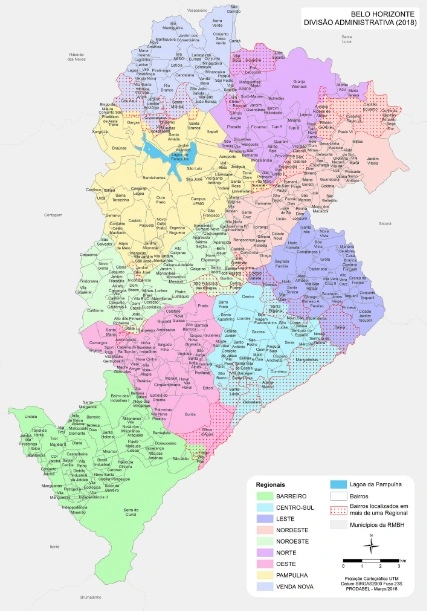 Mapa mostrando as divisões administrativas — Regionais de Belo Horizonte — codificadas por cores por região, com nomes de distritos identificados e uma legenda indicando bairros, limites e características notáveis, como a Lagoa da Pampulha.