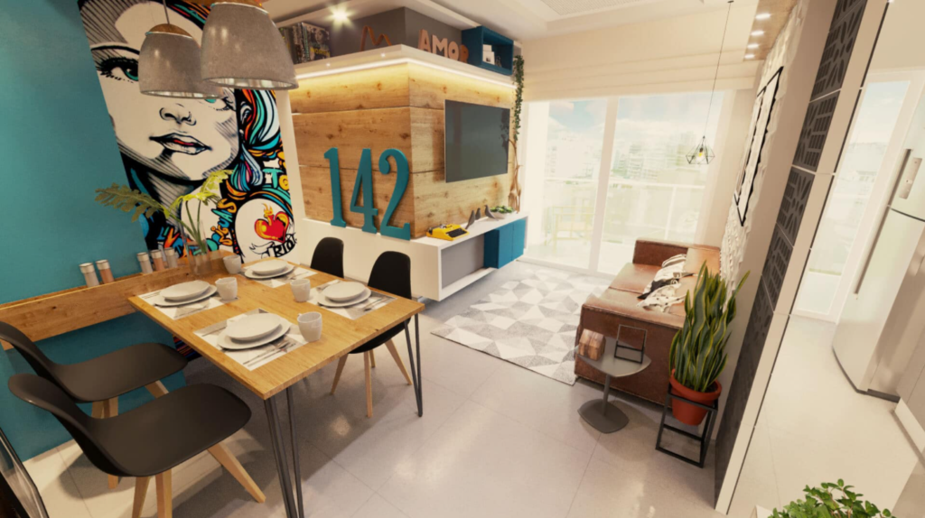 Uma sala de estar e jantar moderna e colorida exibe decoração de sala pequena com um mural de rosto de mulher, uma mesa de madeira para quatro pessoas, TV na parede, detalhes em azul brilhante, prateleiras, plantas de interior e grandes janelas que convidam à luz natural.