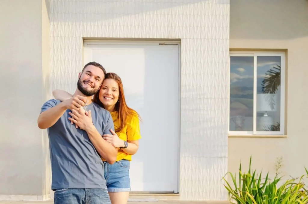 Imagem de um casal composto por um homem e uma mulher parados na frente de uma casa segurando as chaves da propriedade para ilustrar matéria que responda a seguinte pergunta: o que devo saber antes de comprar um imóvel usado?