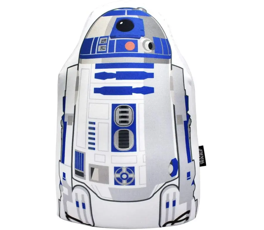 Um brinquedo de pelúcia no formato do R2-D2 de Star Wars, com detalhes em azul, branco e cinza que lembram o design icônico do personagem — perfeito como almofada de sofá para fãs que buscam adicionar um toque nerd ao seu espaço.