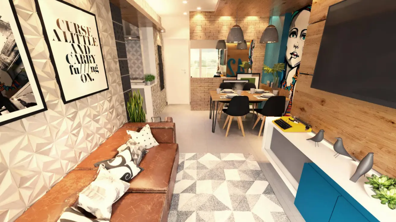 Sala de estar e jantar moderna com decoração de sala pequena, com sofá de couro marrom, tapete com estampa geométrica, arte de parede, mesa de jantar com cadeiras pretas, mural colorido e TV em parede com painéis de madeira. A decoração inclui plantas e pássaros decorativos.
