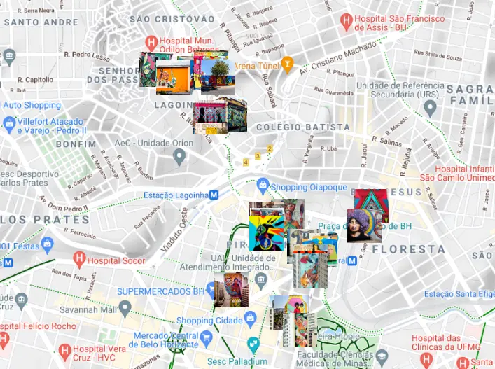 Mapa de Belo Horizonte com imagens coloridas de arte de rua espalhadas por vários locais, destacando pontos de murais e grafites em BH, na Lagoinha, Floresta e bairros próximos. As principais ruas e pontos turísticos são claramente visíveis.