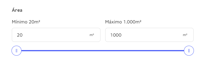 Uma interface de usuário para selecionar o intervalo de área, ideal para decoração de sala pequena, com campos rotulados mostrando um mínimo de 20 m² e um máximo de 1.000 m², além de um controle deslizante azul ajustável entre os valores.