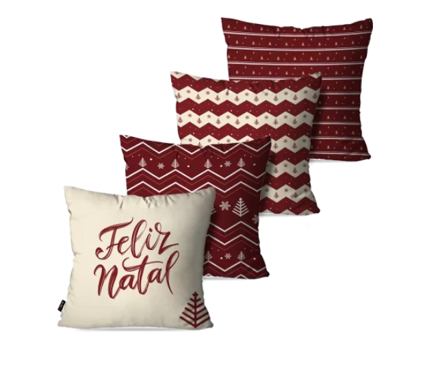 Quatro almofadas decorativas para sofá: três com estampas natalinas vermelhas e brancas, além de uma almofada creme com a inscrição "Feliz Natal" em vermelho e uma pequena árvore no canto.