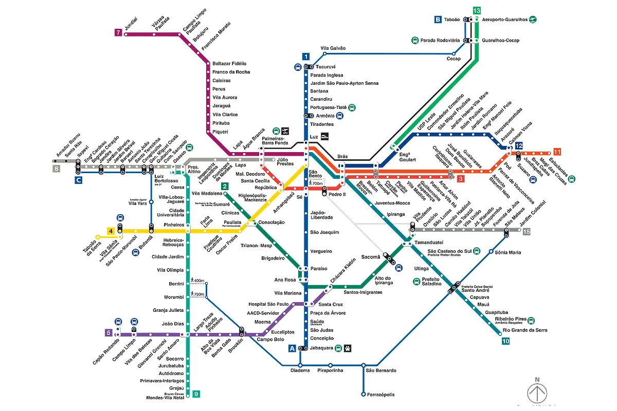 Mapa da rede de metrô de São Paulo e da CPTM, apresentando novas linhas de metrô SP com linhas coloridas, estações e pontos de transferência, identificados em português, além de uma bússola no canto inferior direito indicando o norte.