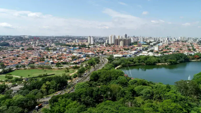 Imagem da vista aérea de Campinas em um dia de céu azul mostra vegetação, avenida, casas e prédios ao fundo