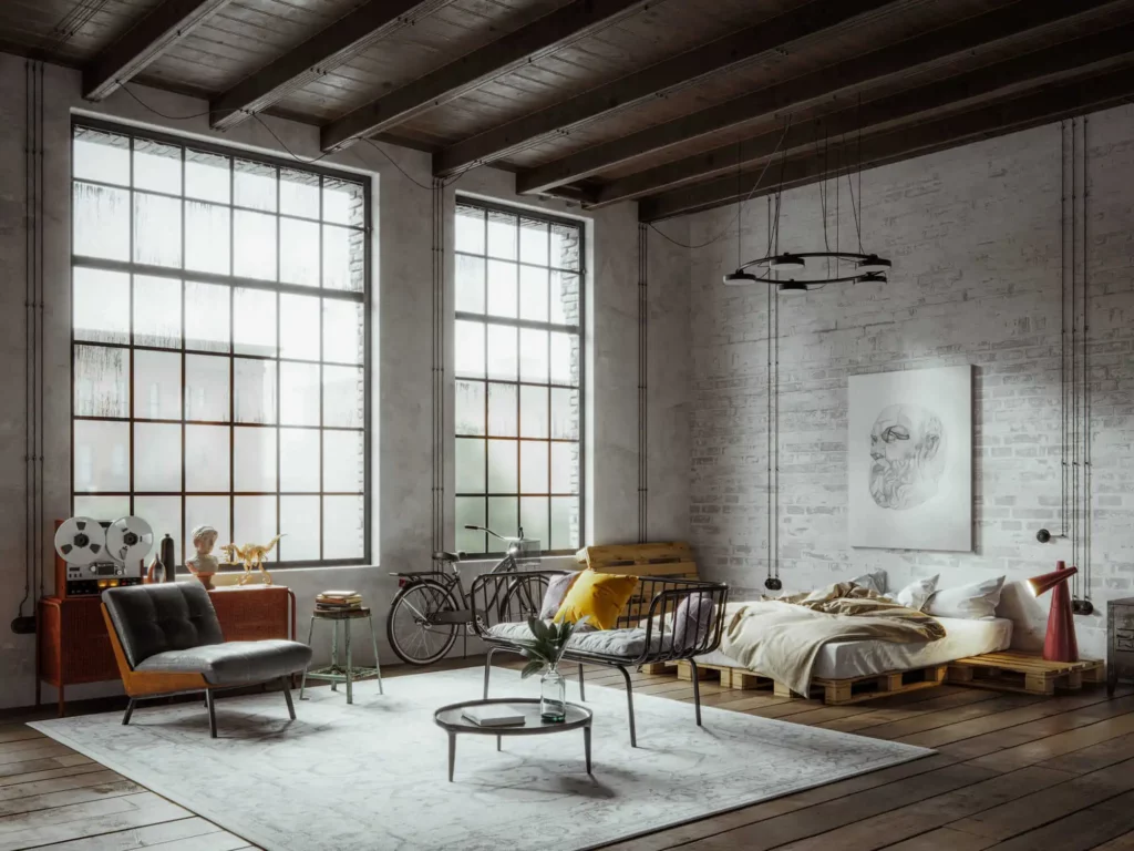 Imagem da vista panorâmica de um loft mobiliado em estilo industrial para ilustrar matéria sobre o que é loft