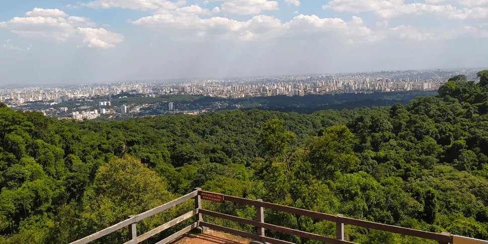 Imagem de um deck de observação de madeira no Parque Estadual da Cantareira com vista para a cidade de São Paulo