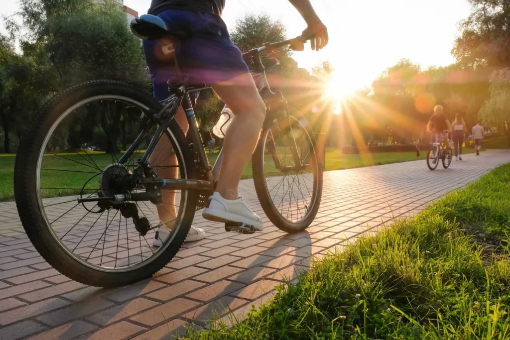 Imagem de um homem andando de bicicleta ao ar livre em um parque cercado por vegetação durante um dia ensolarado ao pôr do sol para ilustrar matéria sobre parques para pedalar em São Paulo