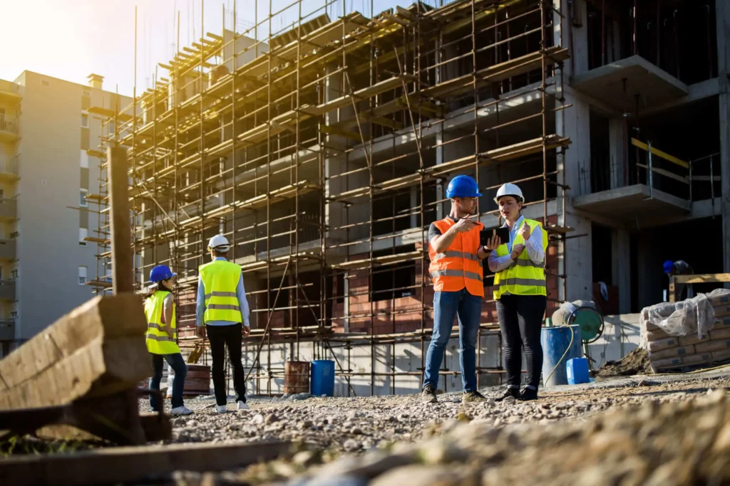 Imagem de quatro trabalhadores da construção civil conversando no canteiro de obras de um prédio para ilustrar matéria que explica para que serve o plano diretor