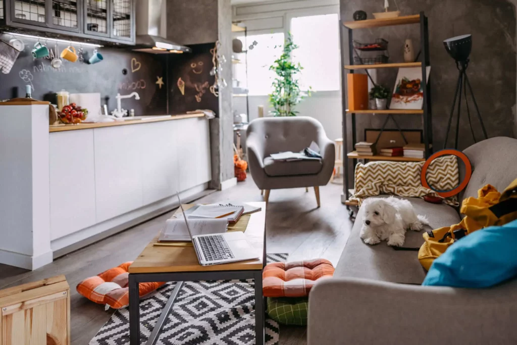 Imagem de uma sala de estar moderna e aconchegante com uma pequena cozinha ao fundo, almofadas coloridas no chão, um laptop em uma mesa de centro, um cachorro no sofá e desenhos divertidos feitos com giz na parede
