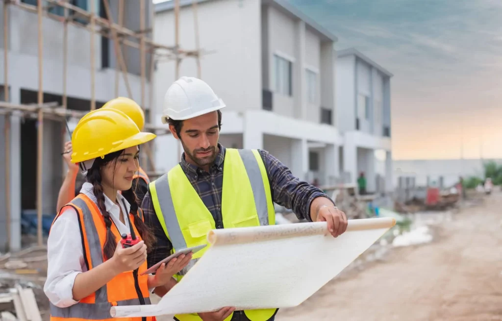 Imagem de dois trabalhadores da construção civil usando coletes de segurança e capacetes analisando plantas em um canteiro de obras. Um deles segura um tablet e um walkie-talkie, enquanto o outro aponta para as plantas, com casas parcialmente construídas ao fundo