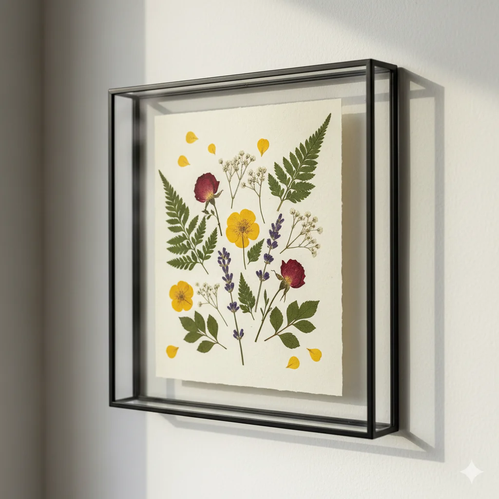 Uma obra de arte emoldurada de flores e samambaias prensadas, incluindo flores vermelhas, amarelas e roxas, é exibida em uma parede de cor clara. A moldura tem um design transparente e flutuante com uma borda preta.
