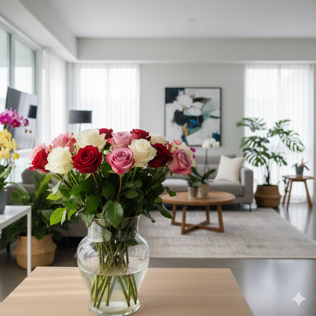 Um vaso de vidro com rosas Flores de Primavera vermelhas, brancas e cor-de-rosa fica sobre uma mesa de madeira em uma sala de estar moderna e iluminada com plantas, um sofá cinza e grandes janelas ao fundo.