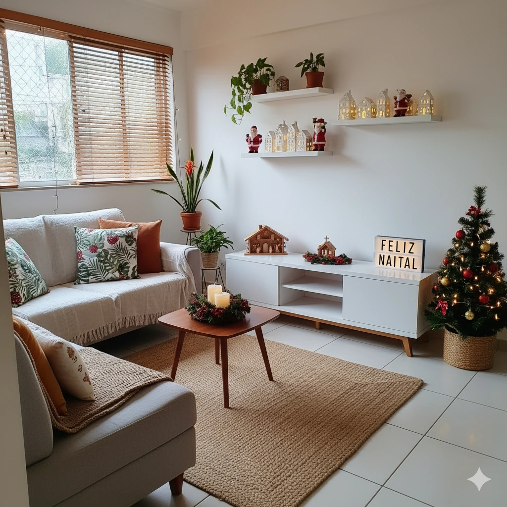 Uma sala de estar aconchegante, decorada para o Natal com uma pequena árvore iluminada, presépio, velas, enfeites festivos e um letreiro luminoso com a inscrição Feliz Natal. Há plantas e almofadas estampadas em um sofá cinza.