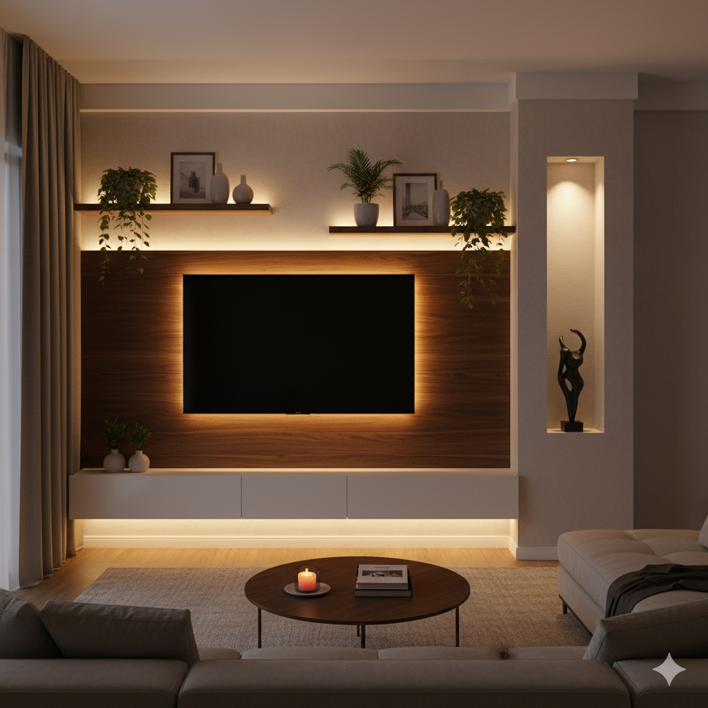 Uma sala de estar moderna com uma TV montada na parede emoldurada por painéis de madeira e iluminação de fundo quente, prateleiras com plantas e fotos, uma mesa de centro redonda com velas e um sofá seccional. A decoração é minimalista e aconchegante.