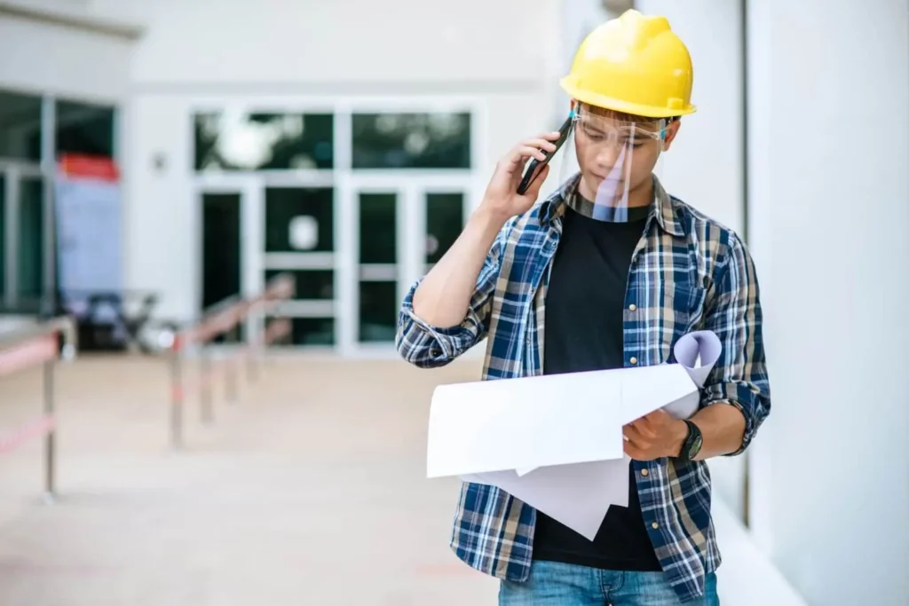 Imagem de um arquiteto usando capacete amarelo e protetor facial falando em um smartphone enquanto segura plantas, em pé do lado de fora de um edifício, para ilustrar matéria sobre o que é RRT de projeto.