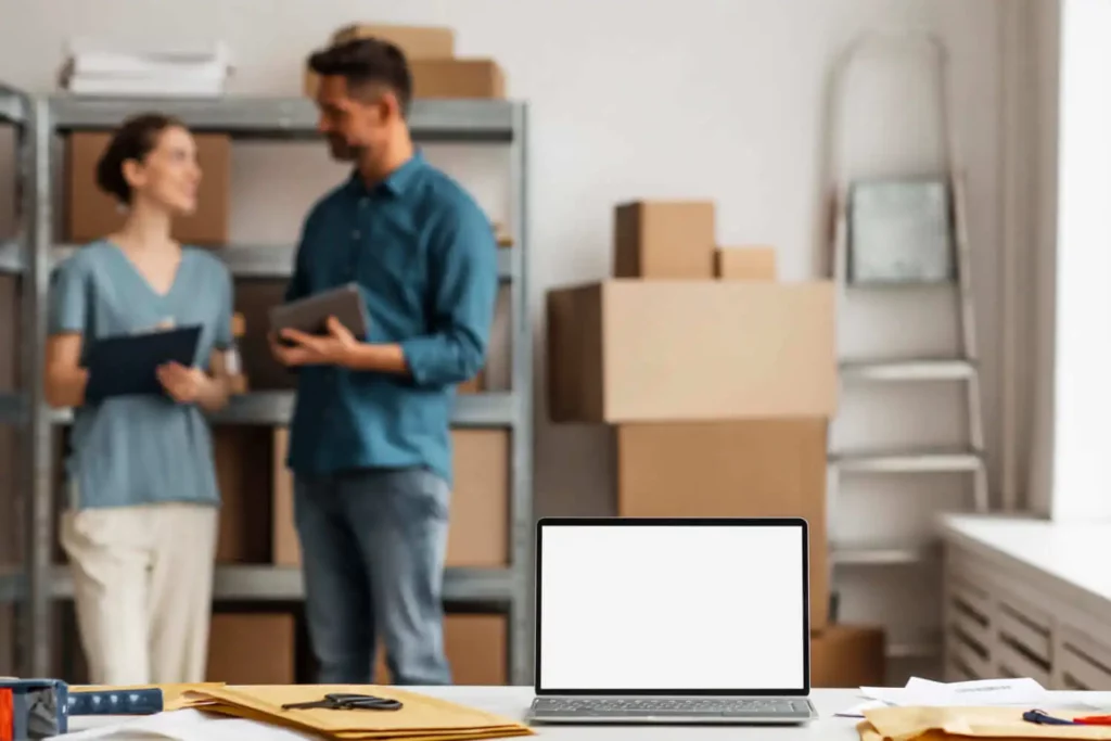 Imagem de um laptop com uma tela em branco sobre uma mesa com envelopes e uma caneta, enquanto duas pessoas conversam ao fundo em uma sala cheia de caixas de papelão e prateleiras.