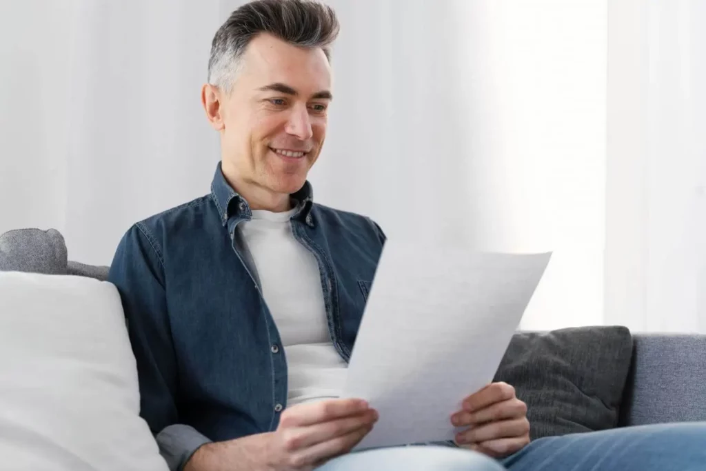 Imagem de um homem de cabelos grisalhos curtos sentado em um sofá, sorrindo enquanto lê uma folha de papel. Ele está usando uma camisa jeans sobre uma camiseta branca, e há almofadas brancas e cinza ao seu lado.