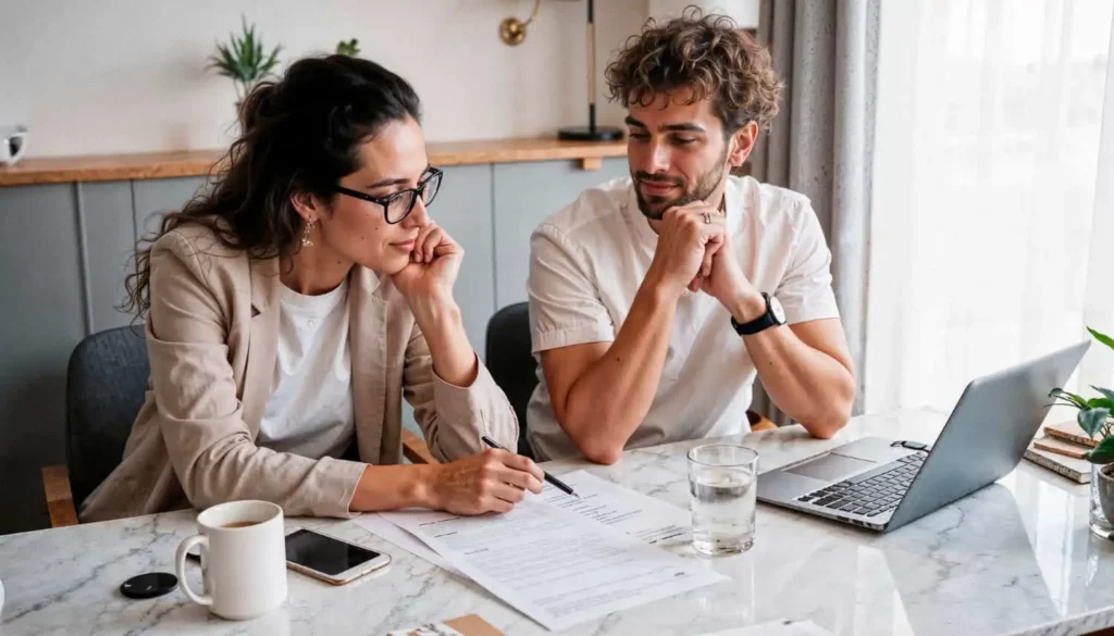 Imagem de uma mulher e um homem sentados à mesa com papéis, laptop, telefone, caneca de café e copo de água para ilustrar matéria sobre como regularizar inadimplência no consórcio. A mulher está escrevendo e ambos parecem pensativos, possivelmente discutindo sobre trabalho ou finanças.